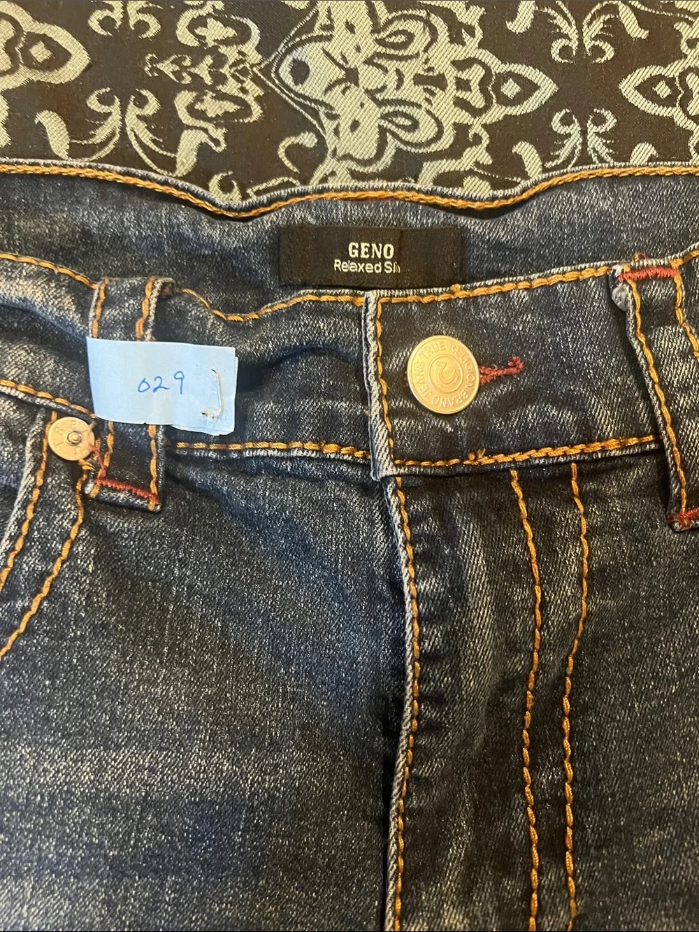 True Religion Men's Skinny Jeans in Dark Blue Denim with Contrast Stitching
